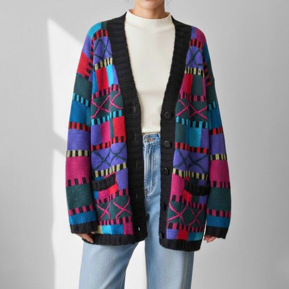 90s Abstract Slouchy Mohair Wool Cardigan Sweater Artsy Jewel Tone Fuzzy L Multi - Picture 1 of 10